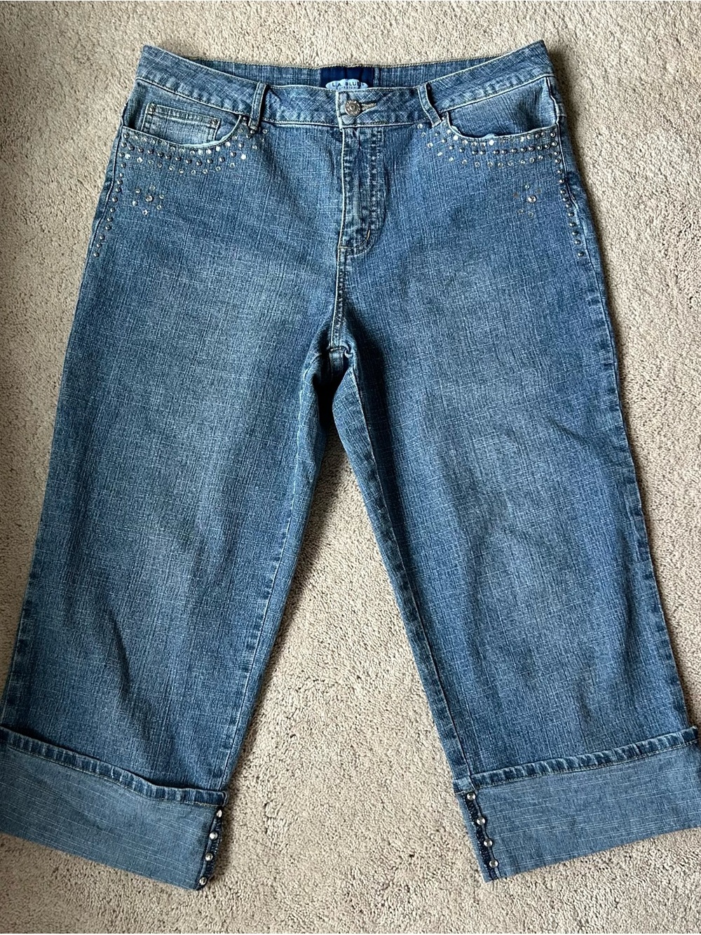 L.A. Blues Capri Blue Denim Jeans Relaxed Fit Cotton-Blend Rhinestones Size 14